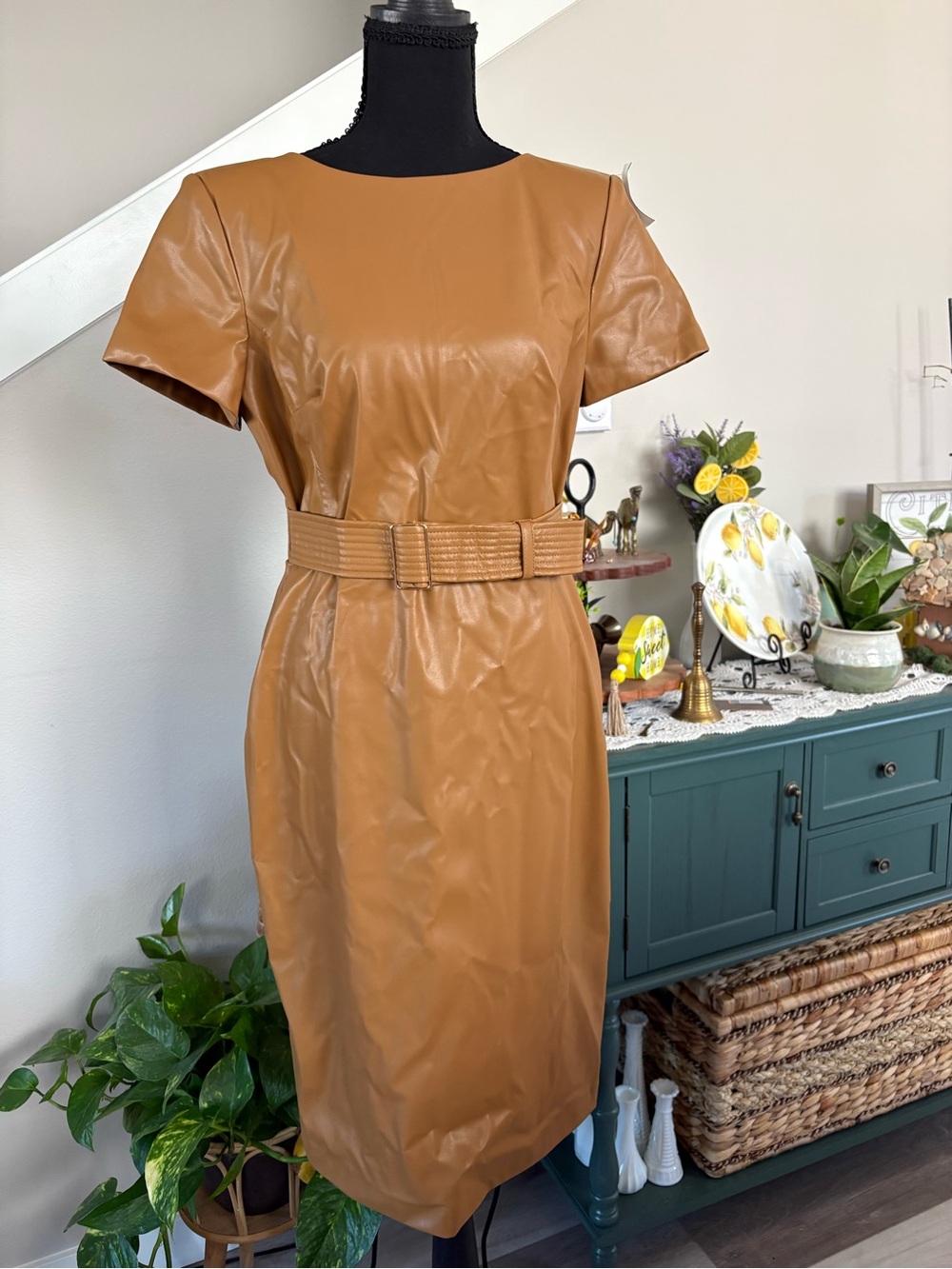 Calvin Klein Caramel Faux Leather Belted Sheath Dress